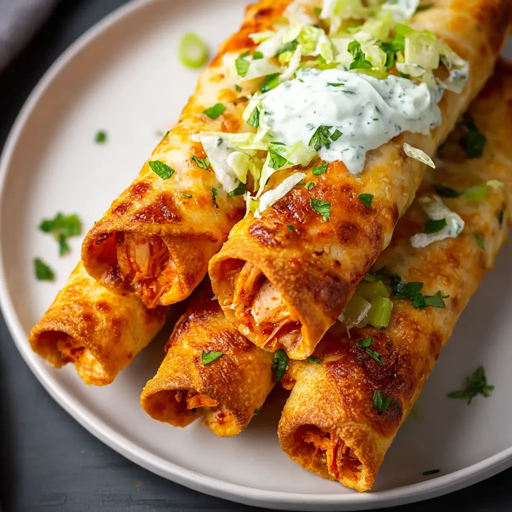 Close-up shot showcasing the crispy, golden-brown texture of homemade Buffalo Chicken Taquitos.