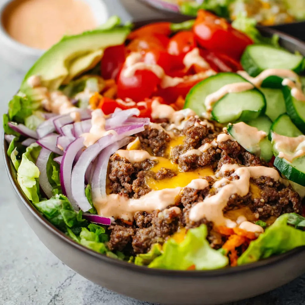 Close-up view of delicious Burger Bowls, showcasing the fresh ingredients and flavorful combination.
