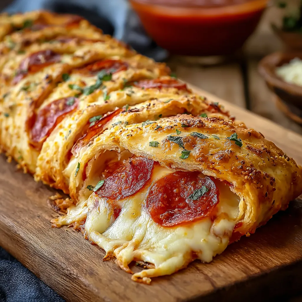 Close-up shot showcasing the golden-brown crust and melted cheese of a freshly baked Cheesy Pepperoni Stromboli.