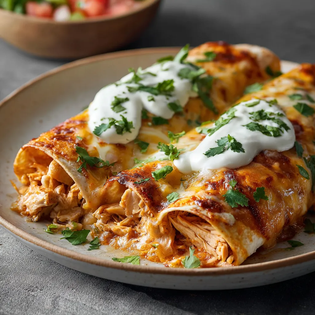 A close-up shot showcases a delicious pan of Chicken Enchiladas, revealing the melted cheese and savory filling.