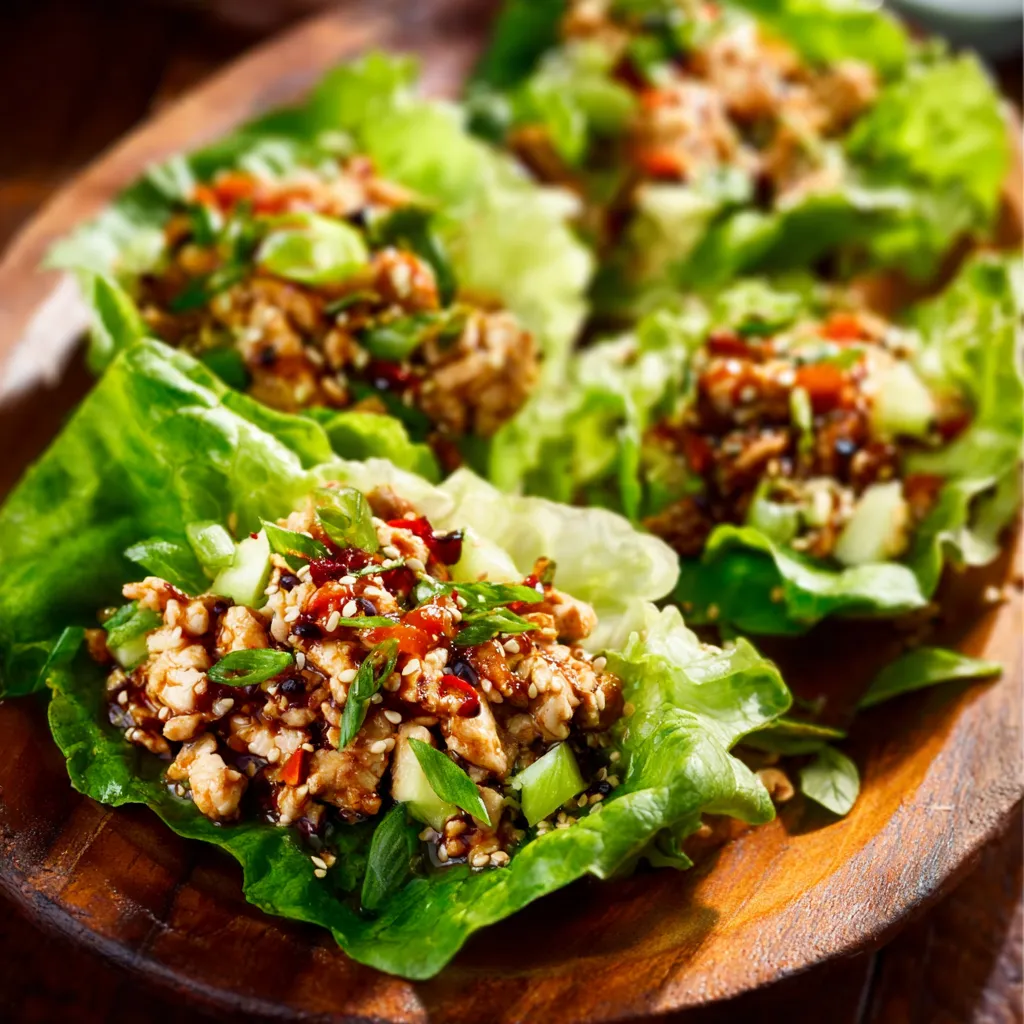 A close-up shot showcases the vibrant ingredients of flavorful Chicken Lettuce Wraps, ready to be assembled and enjoyed.
