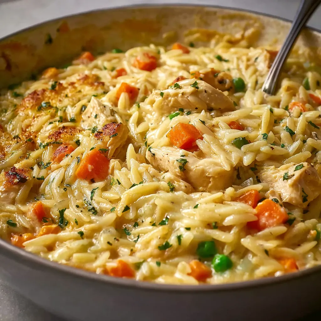 Close-up shot of creamy Chicken Pot Pie Orzo in a white bowl, showcasing its hearty texture and vegetable medley.