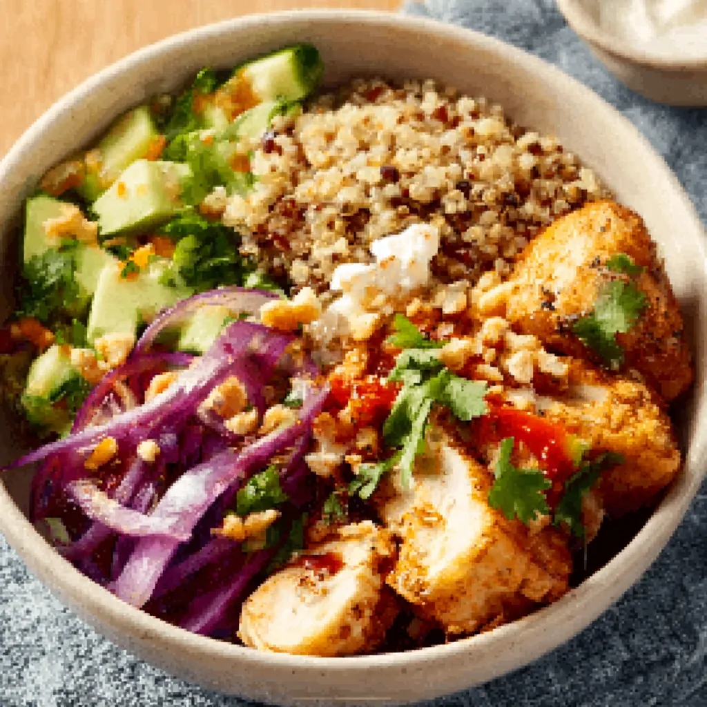 Close-up shot of a delicious Chicken Quinoa Power Bowl, showcasing its colorful ingredients and healthy appeal.