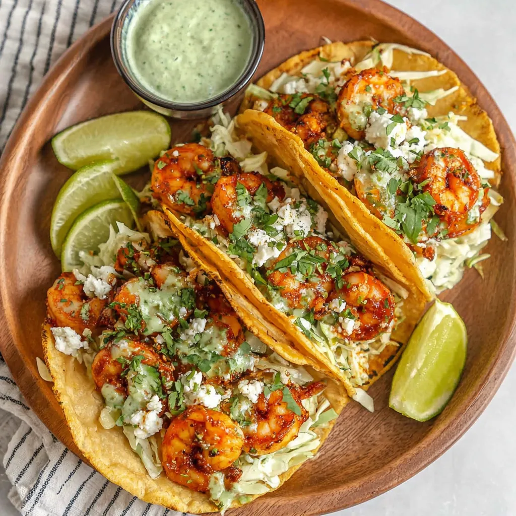 Close-up view of delicious Cilantro Lime Shrimp Tacos, showcasing the vibrant colors of the ingredients.