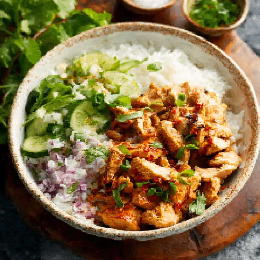 Close-up showing a vibrant Coconut Chicken Rice Bowl with tender chicken and fluffy rice.