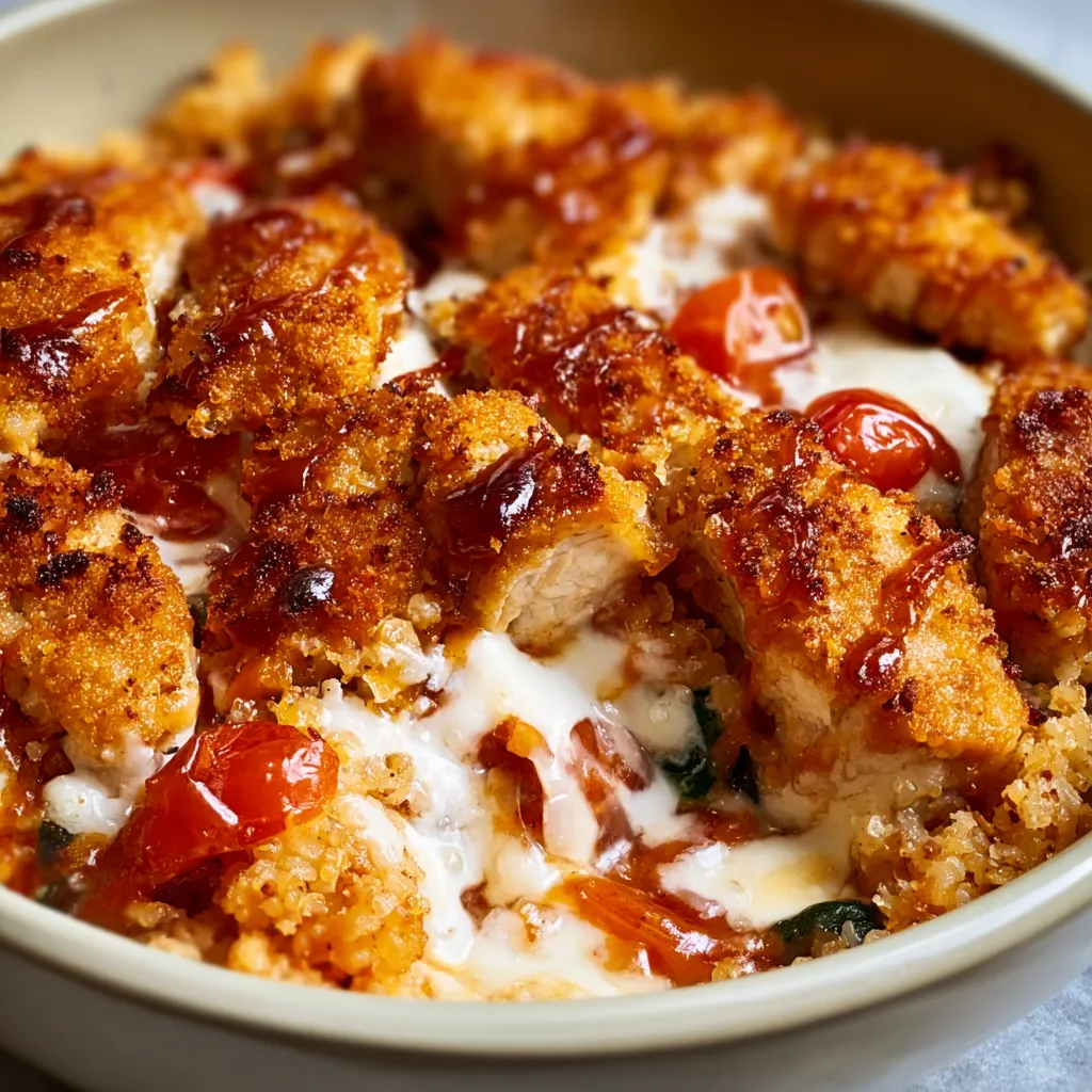 Close-up shot of a freshly prepared Cottage Cheese Chicken Parm Bowl, showcasing the melted cheese and juicy chicken.