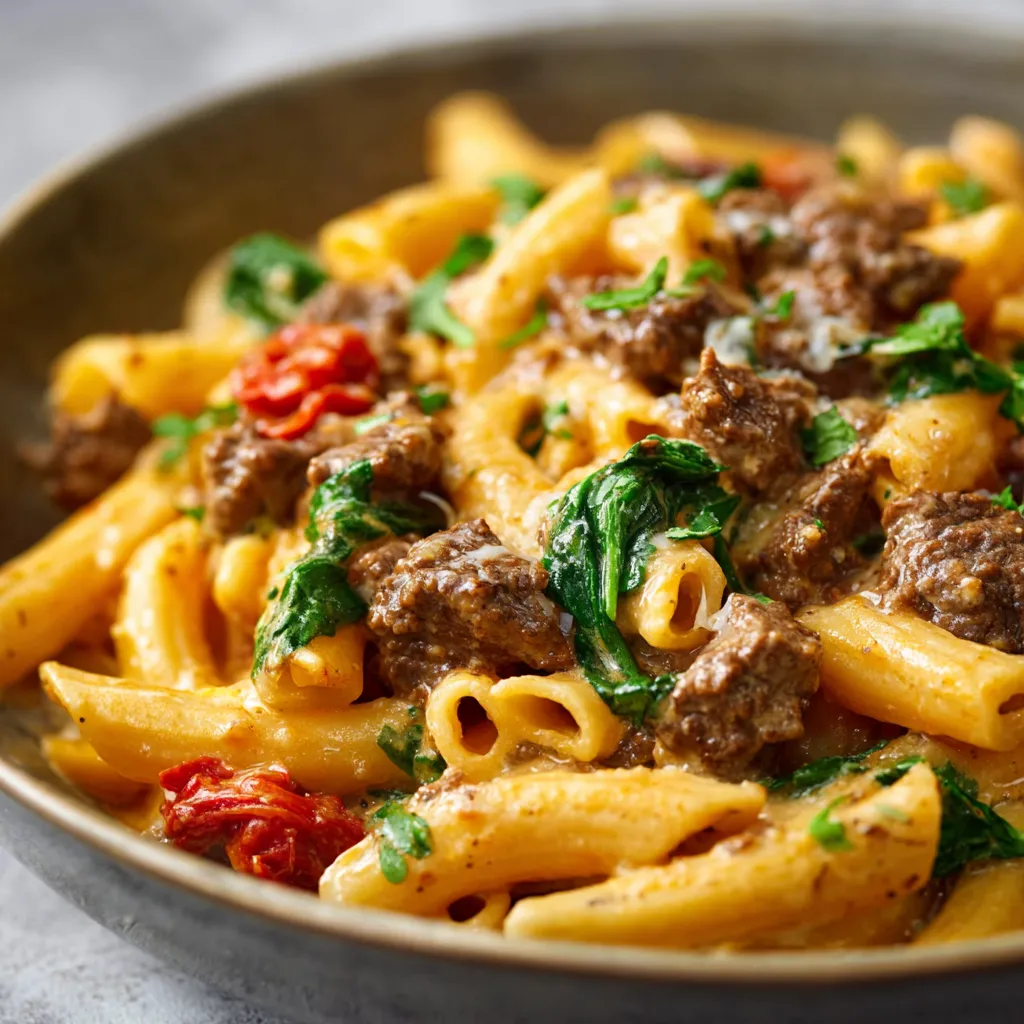 Close-up of a delicious Beef Pasta dish, highlighting the savory sauce and perfectly cooked noodles.