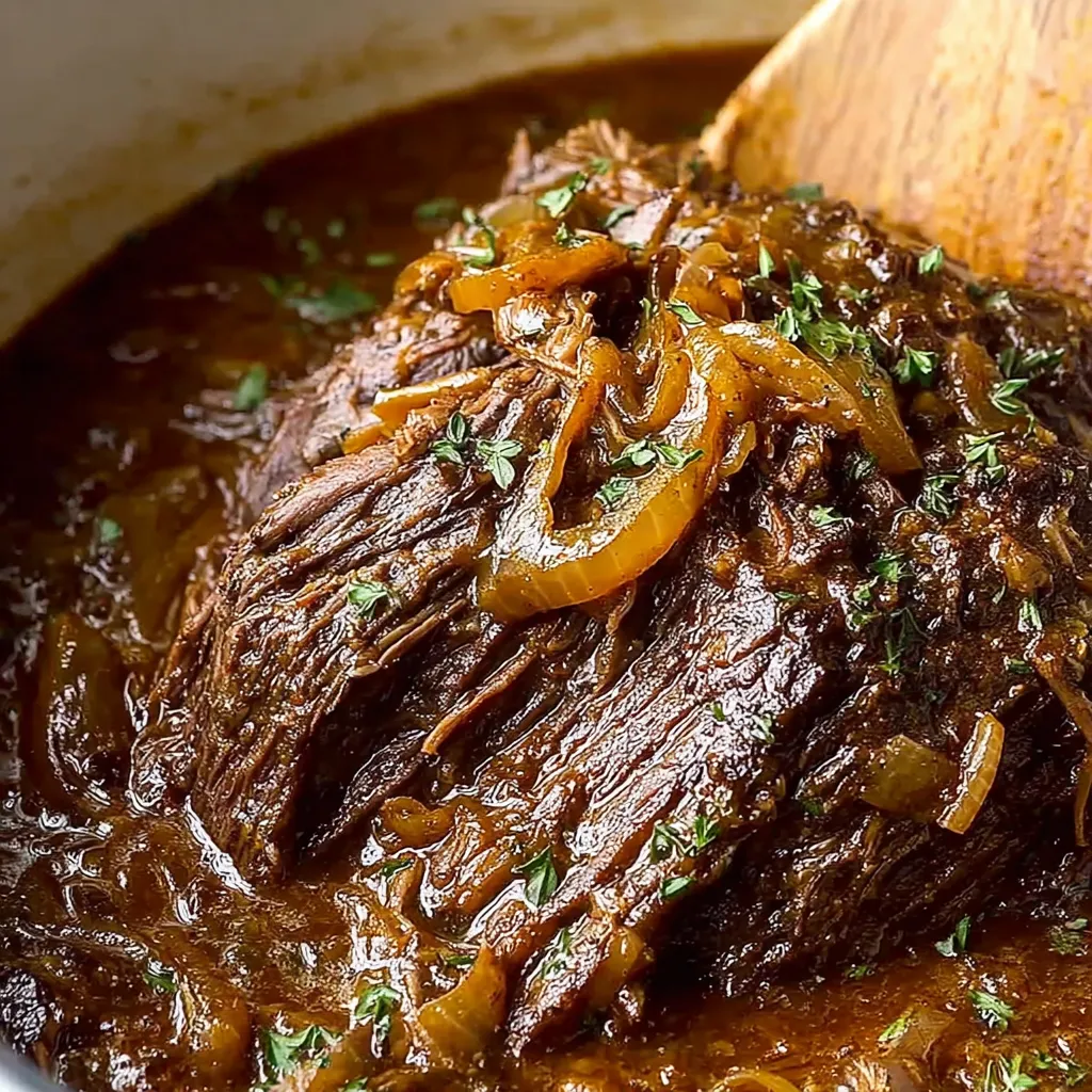 Close-up view of a perfectly seared French Onion Pot Roast, showcasing the caramelized onions and tender beef.