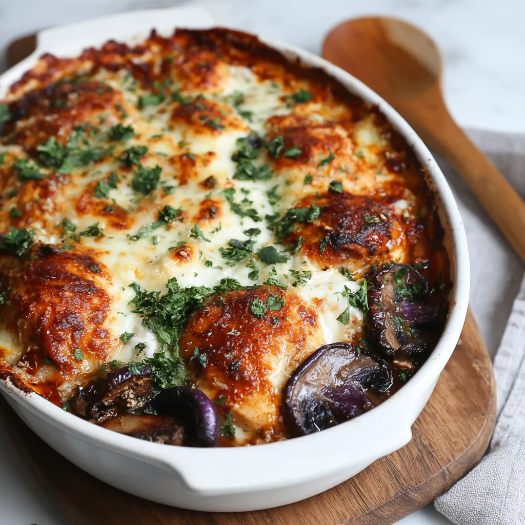 Close-up shot of the creamy and delicious Garlic Mushroom Chicken Casserole ready to be served.