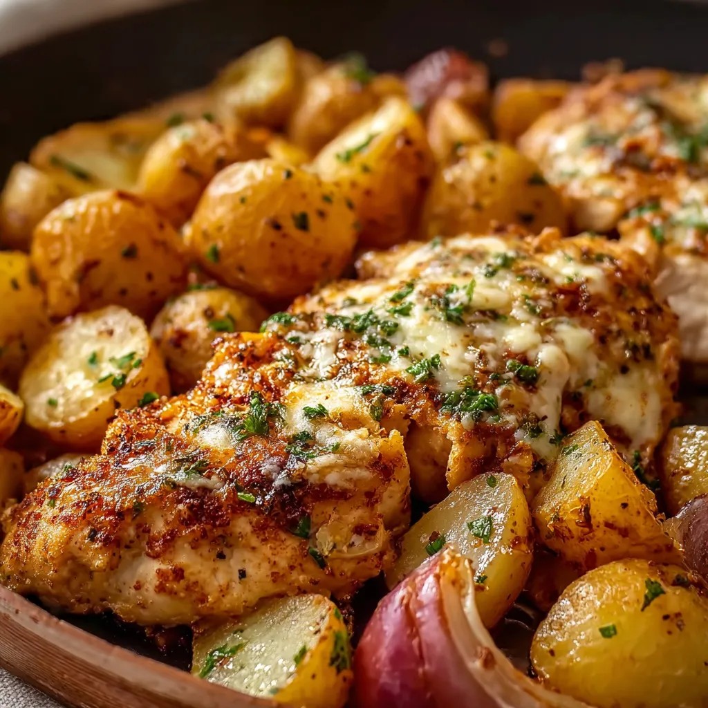 Close-up shot of delicious Garlic Parmesan Chicken and Potatoes ready to be served.