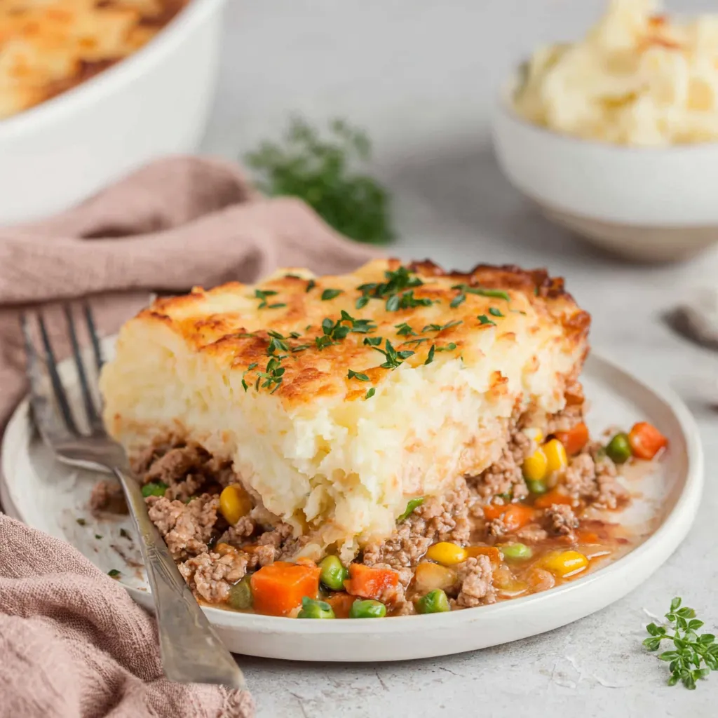 Close-up of a freshly baked Shepherd's Pie with a golden-brown mashed potato topping.