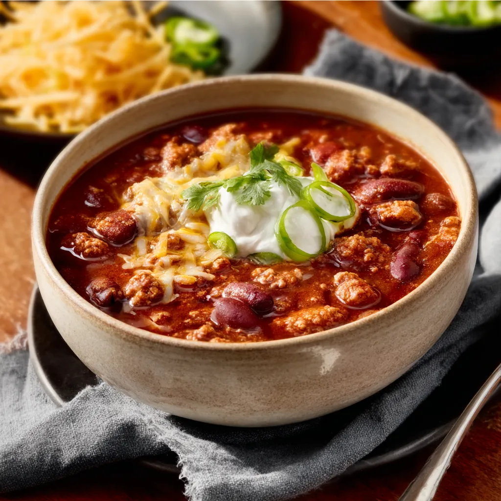 Close-up shot showcasing a delicious bowl of Turkey Chili, perfect for a hearty and comforting meal.