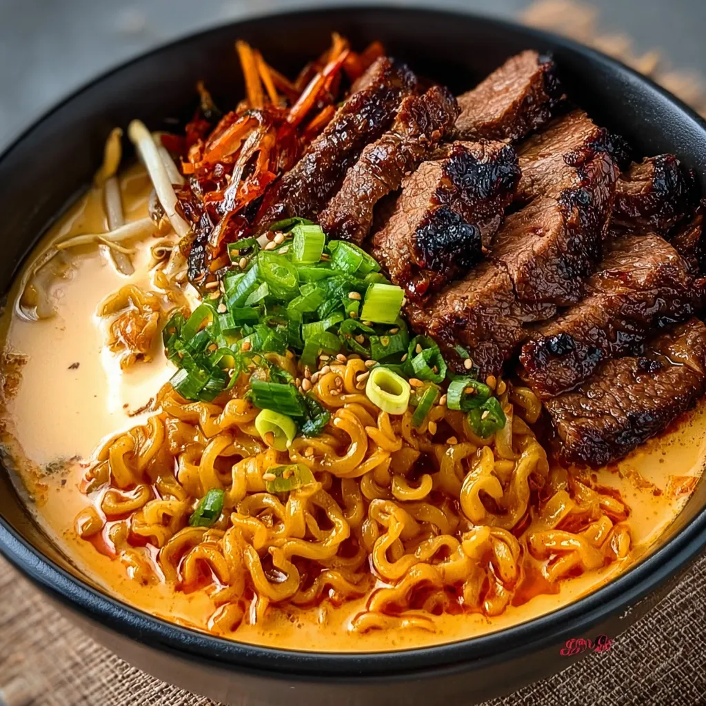 Close-up shot showcasing the vibrant red broth and chewy noodles of a delicious bowl of Spicy Korean Ramen.