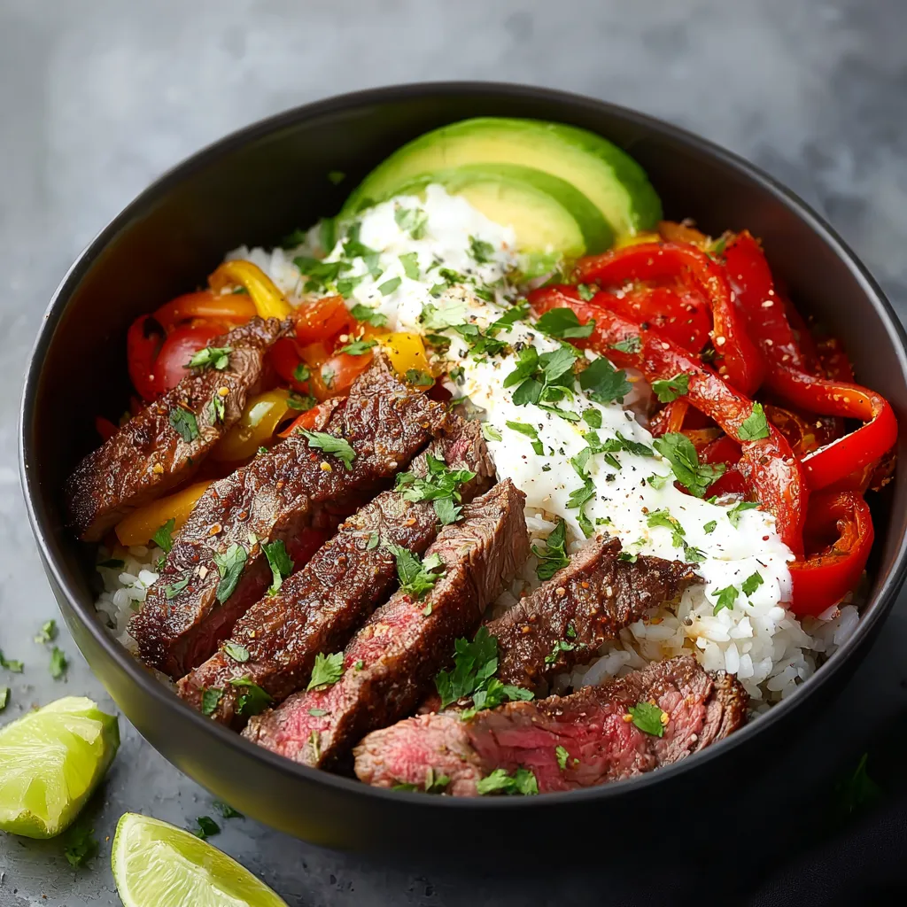 A close-up shot showcases a vibrant Steak Fajita Bowl with seasoned steak, colorful bell peppers, onions, and toppings.