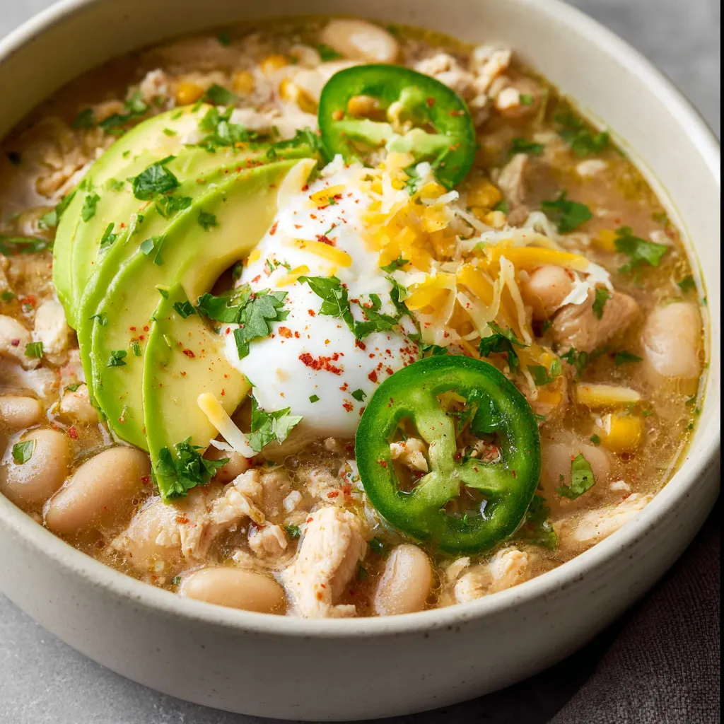 Close-up of a bowl of creamy White Turkey Chili, showcasing its delicious texture and toppings.