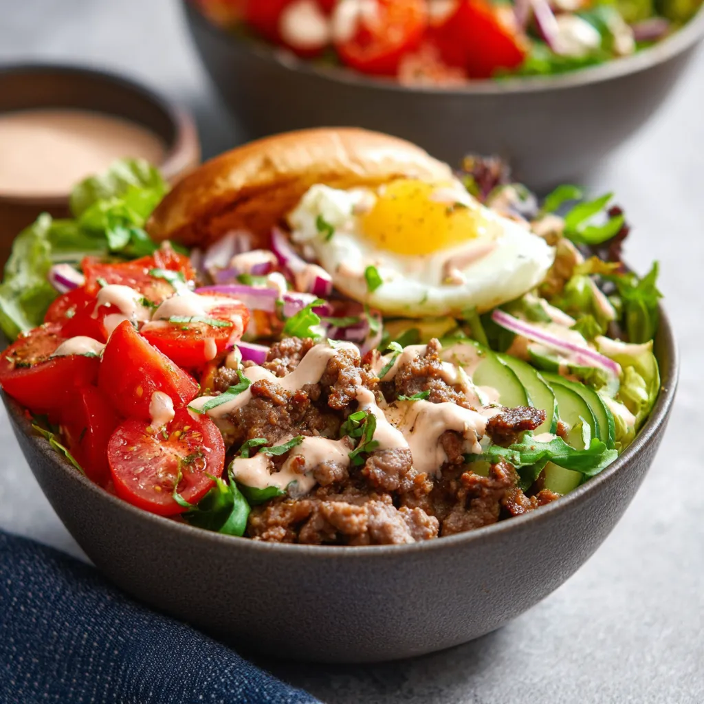 Close-up of a delicious Burger In A Bowl, showcasing the layers of ingredients in this deconstructed burger recipe.