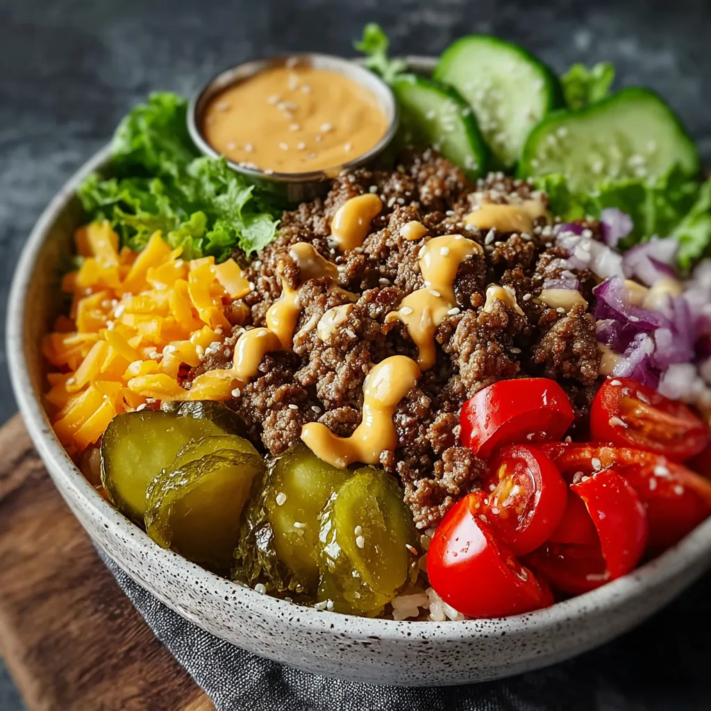 A close-up shot showcases the delicious layers of a Cheeseburger Bowls meal, perfect for a quick and easy dinner.