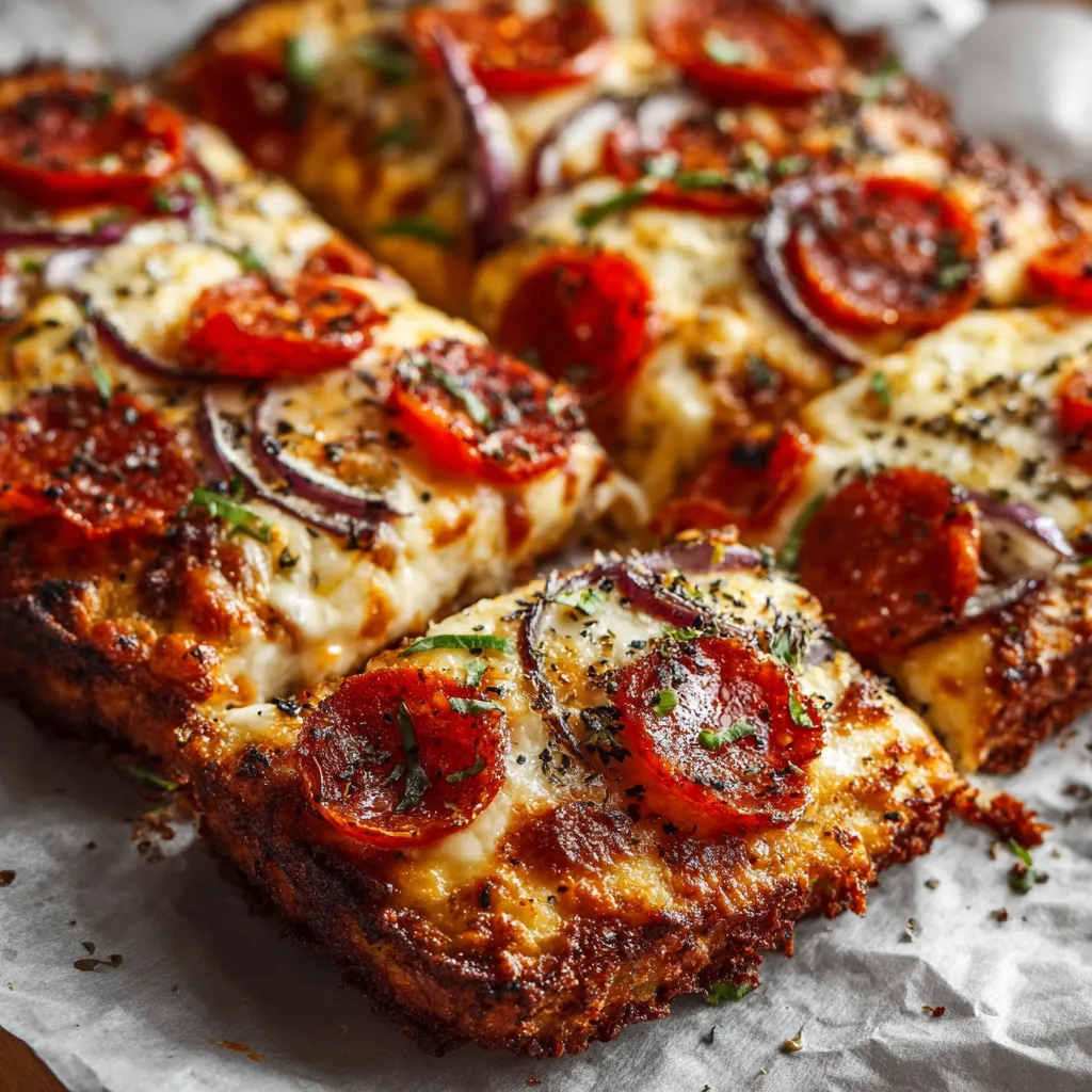 Close-up shot showcasing the delicious texture and toppings of a freshly baked Chicken Crust Pizza.