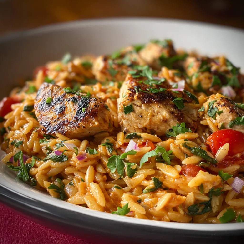 Close-up shot showcasing a delicious serving of Chicken Orzo, highlighting the creamy texture and flavorful ingredients.
