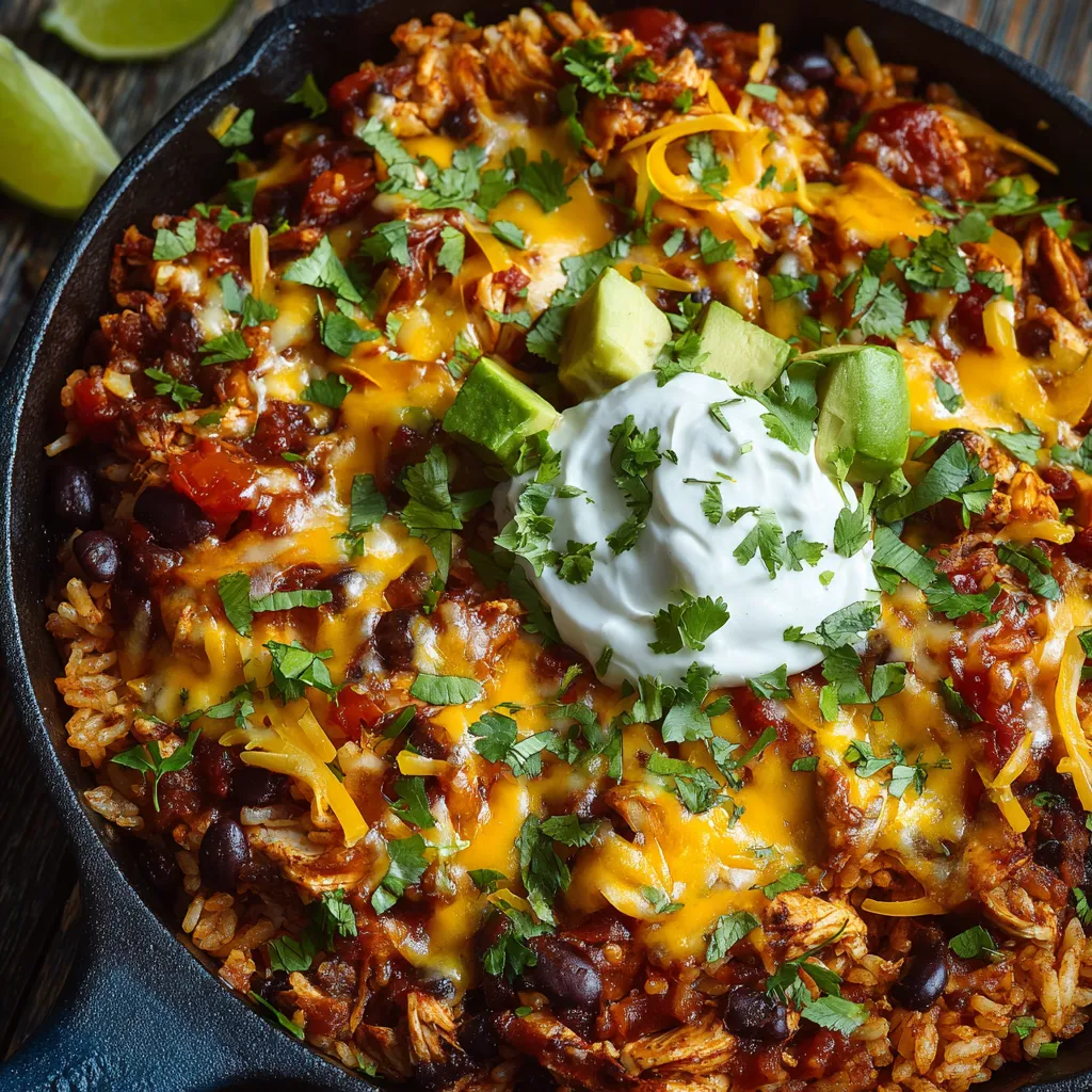 Chicken Rice Enchilada Skillet Recipe A close-up view showcases the creamy, cheesy topping of the delicious Chicken Rice Enchilada Skillet, ready to be served.