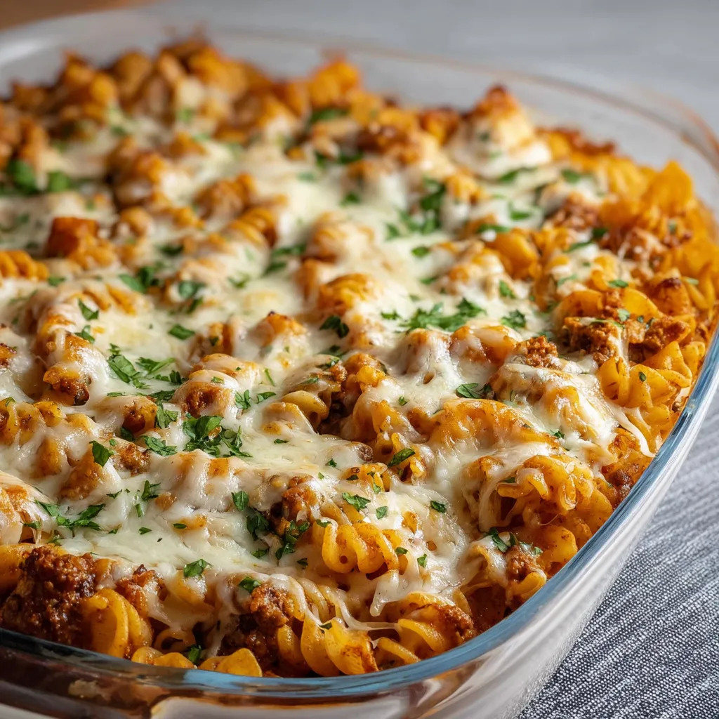 A close-up view of a freshly baked Cottage Cheese Pasta Bake, showcasing its golden-brown top and creamy texture.