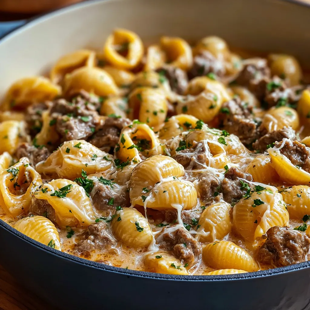 A close-up shot showcases a freshly made plate of Creamy Beef And Shells, highlighting the rich sauce and tender beef.