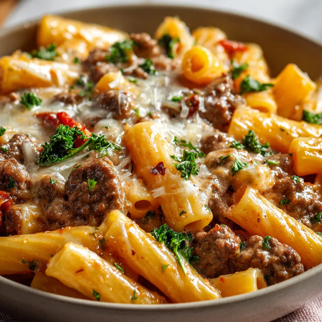 Close-up of a delicious serving of Creamy Beef Pasta, ready to be enjoyed.
