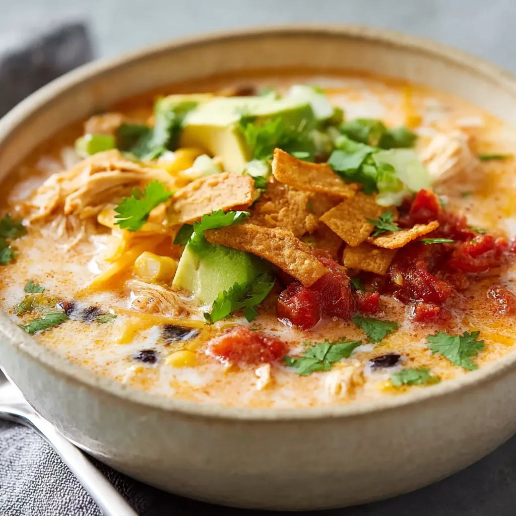 Close-up of a bowl of Creamy Chicken Tortilla Soup shows its creamy texture and colorful toppings.