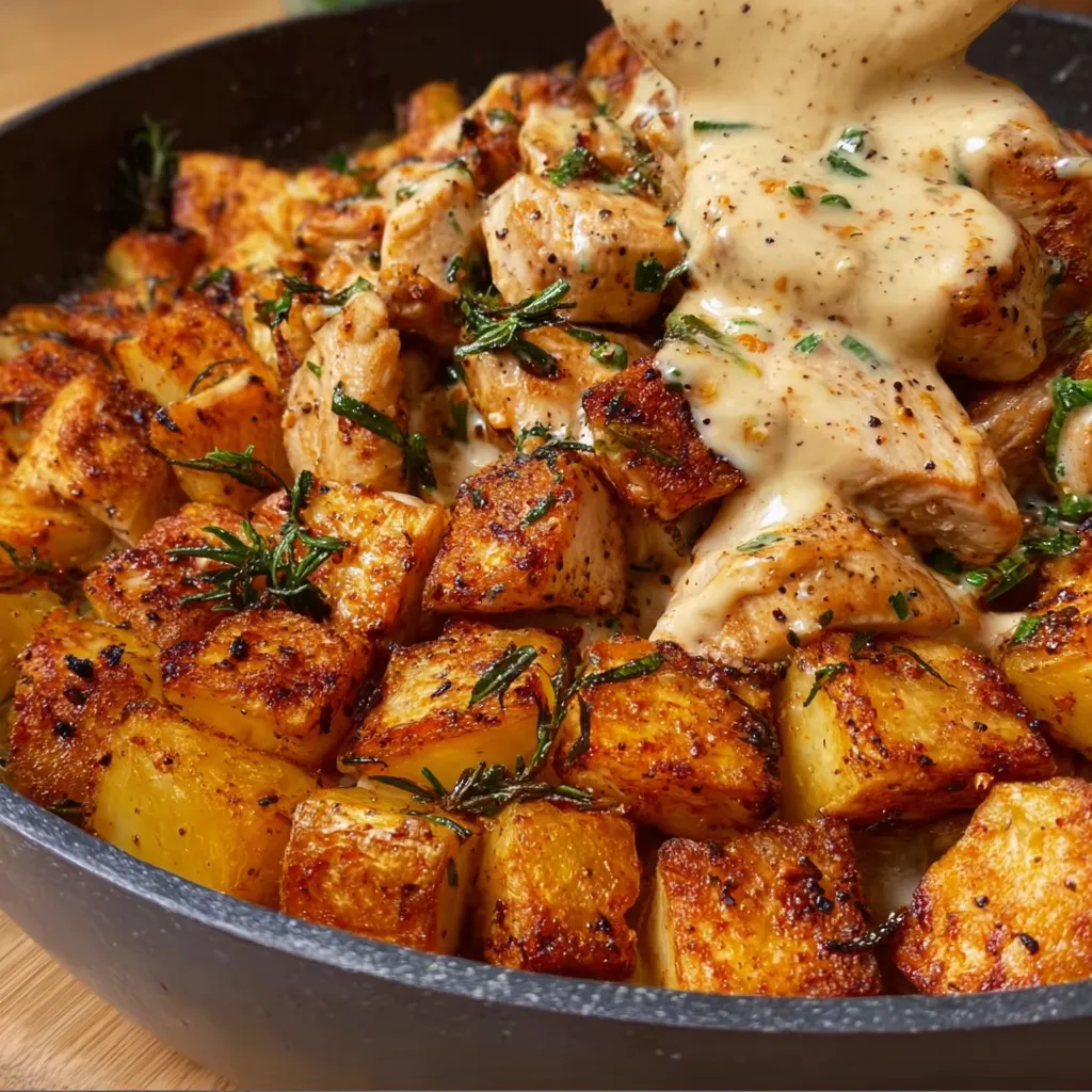 A close-up showcases the delicious Creamy Garlic Chicken And Crispy Potatoes, highlighting the creamy sauce and golden-brown potatoes.