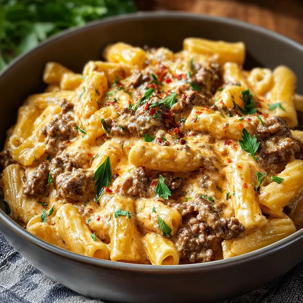 Creamy High Protein Beef Pasta is shown in a close-up shot, highlighting its rich sauce and hearty ingredients.