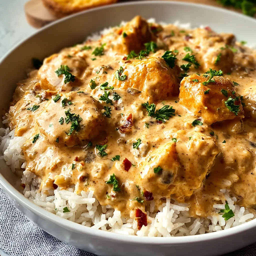 Creamy Smothered Chicken And Rice is shown plated and ready to eat, highlighting the creamy sauce and fluffy rice.