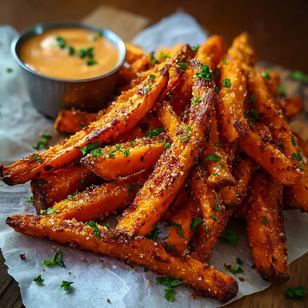 Close-up shows perfectly golden and Crispy Oven Baked Sweet Potato Fries arranged on a plate, ready to be enjoyed.