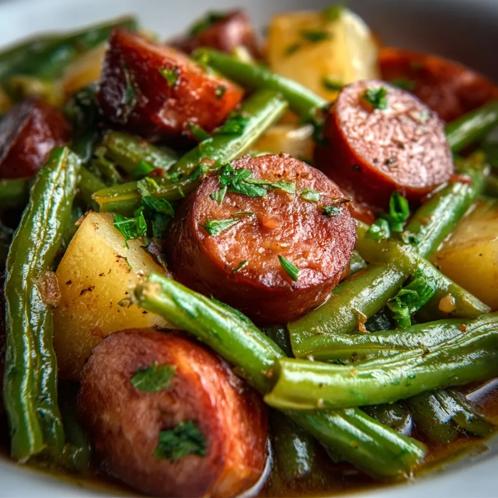 Close-up of Crockpot Kielbasa and Green Beans, showcasing the tender kielbasa and vibrant green beans slow-cooked to perfection.