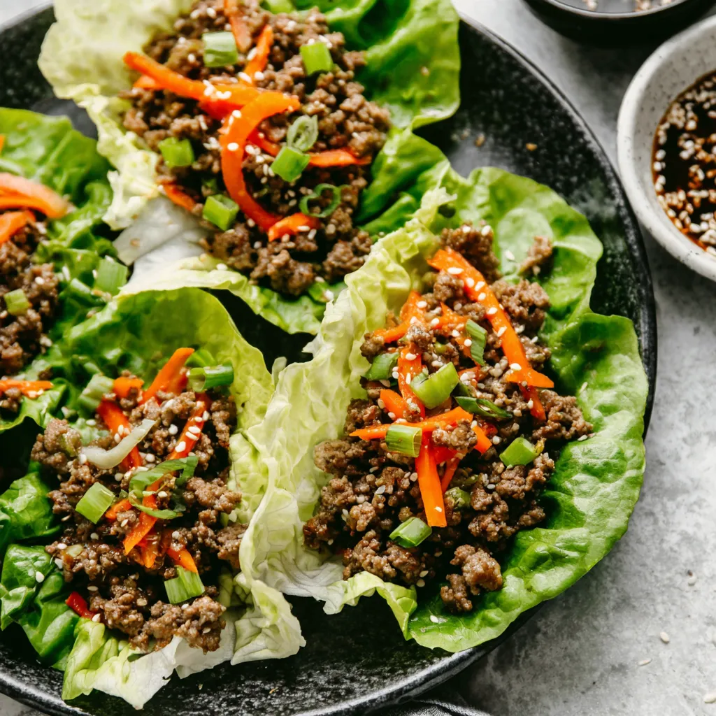 Close-up showcasing the delicious filling for Asian-Style Ground Beef Lettuce Wraps, highlighting the savory ground beef and colorful vegetable mixture.