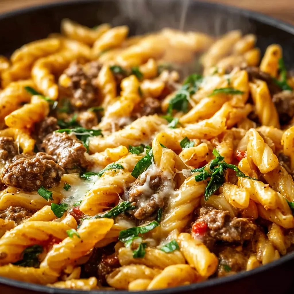 A close-up shot showcases a steaming plate of Beef Pasta, highlighting the rich sauce and tender beef.