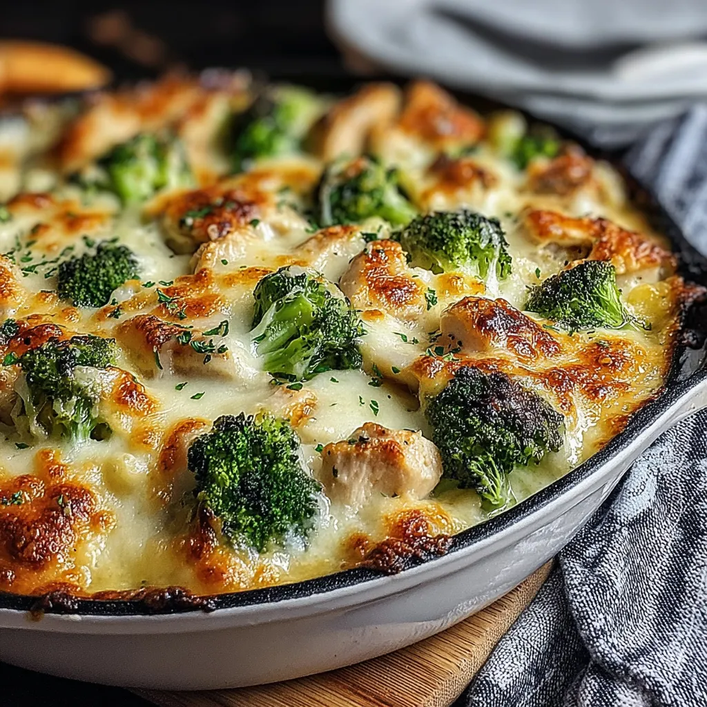 Close-up showing the creamy texture and golden-brown top of the delicious Chicken Alfredo Broccoli Bake.