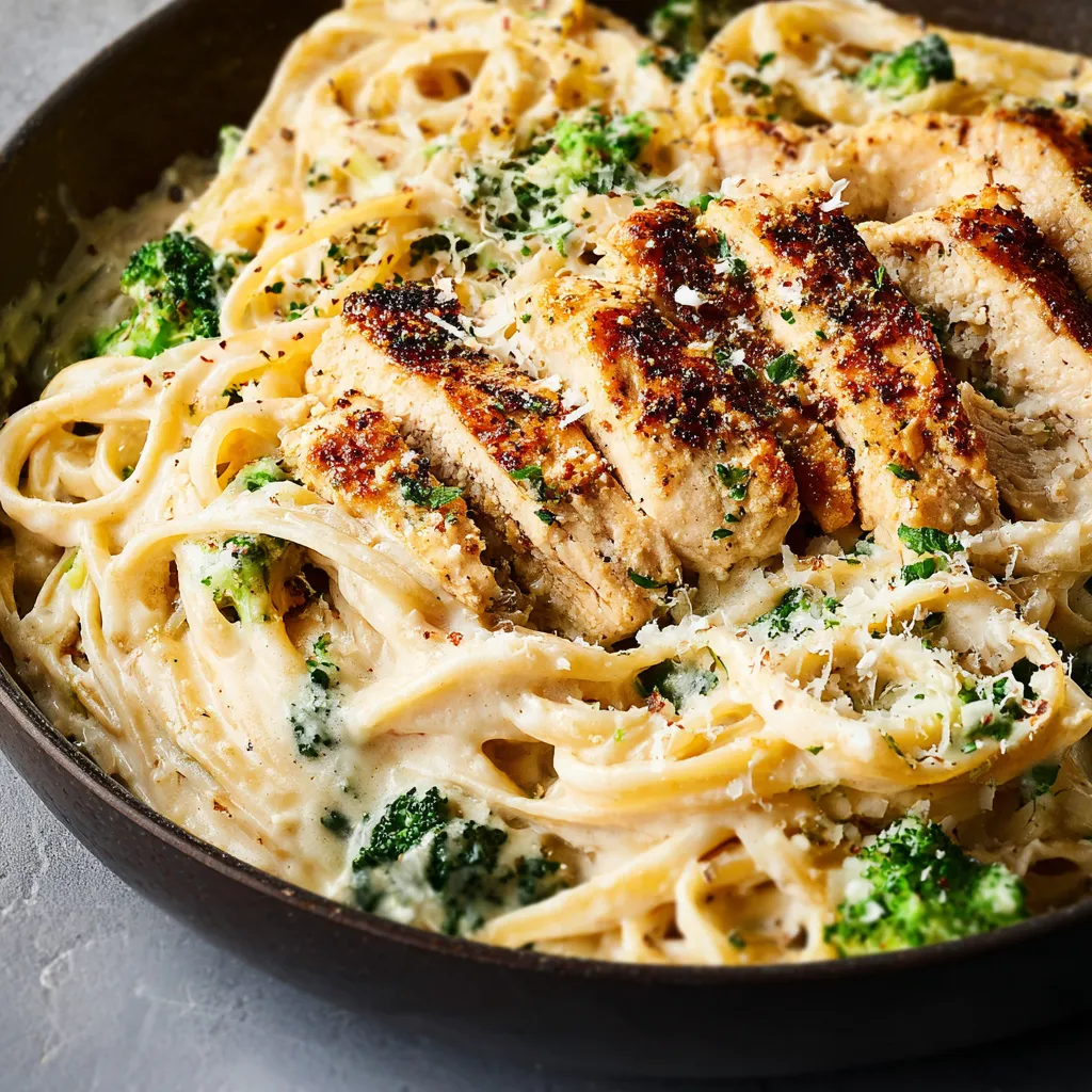 Close-up of creamy Chicken Alfredo pasta dish, showcasing the rich sauce and tender chicken.