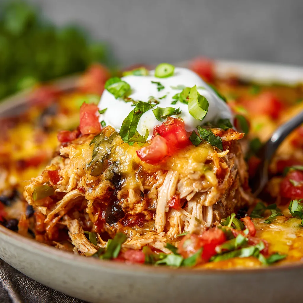 A close-up shot showcases a freshly baked Chicken Burrito Casserole with melted cheese and a golden-brown crust.