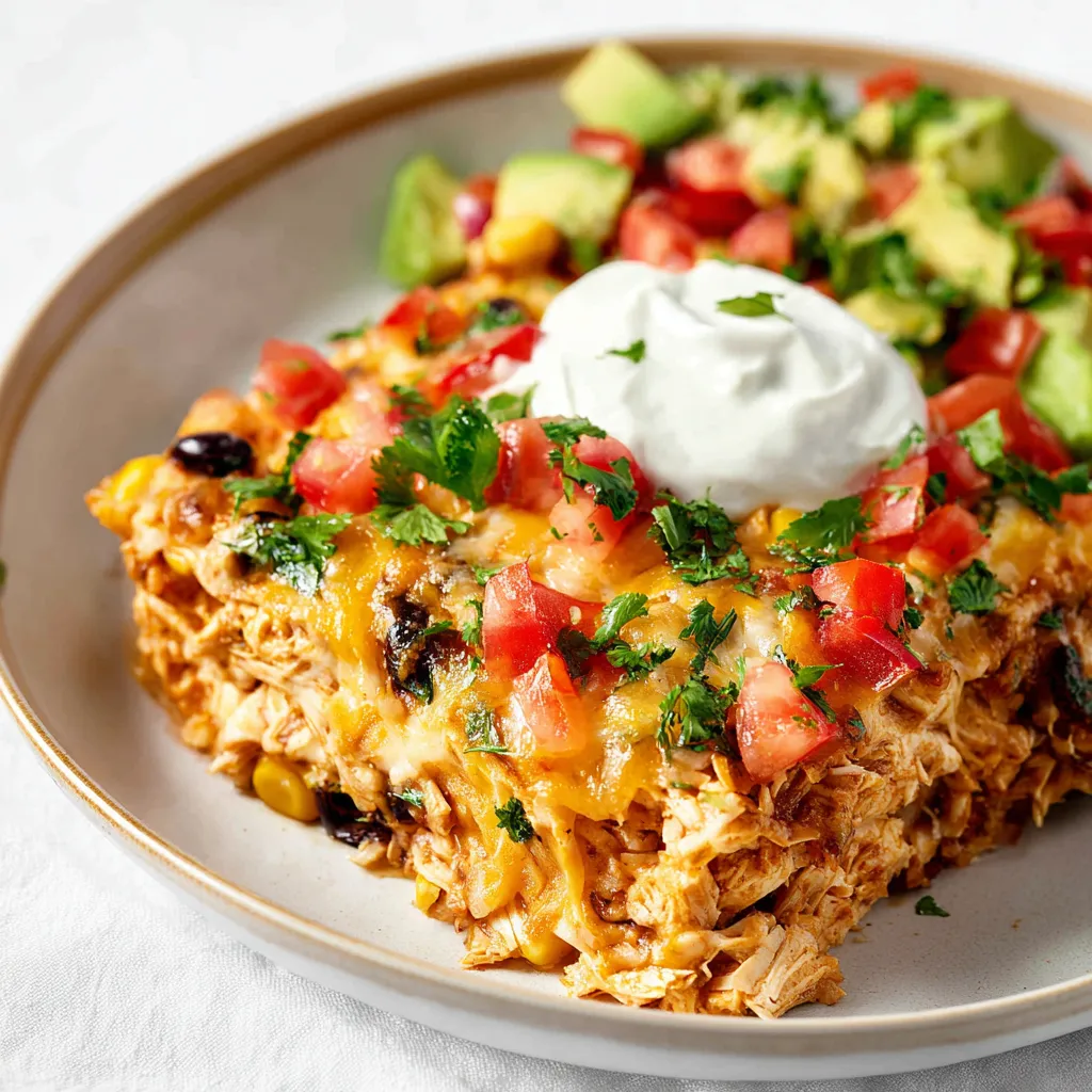Chicken Burrito Casserole Ready to Bake A close-up shot showcases a freshly baked Chicken Burrito Casserole, revealing its cheesy topping and savory filling.