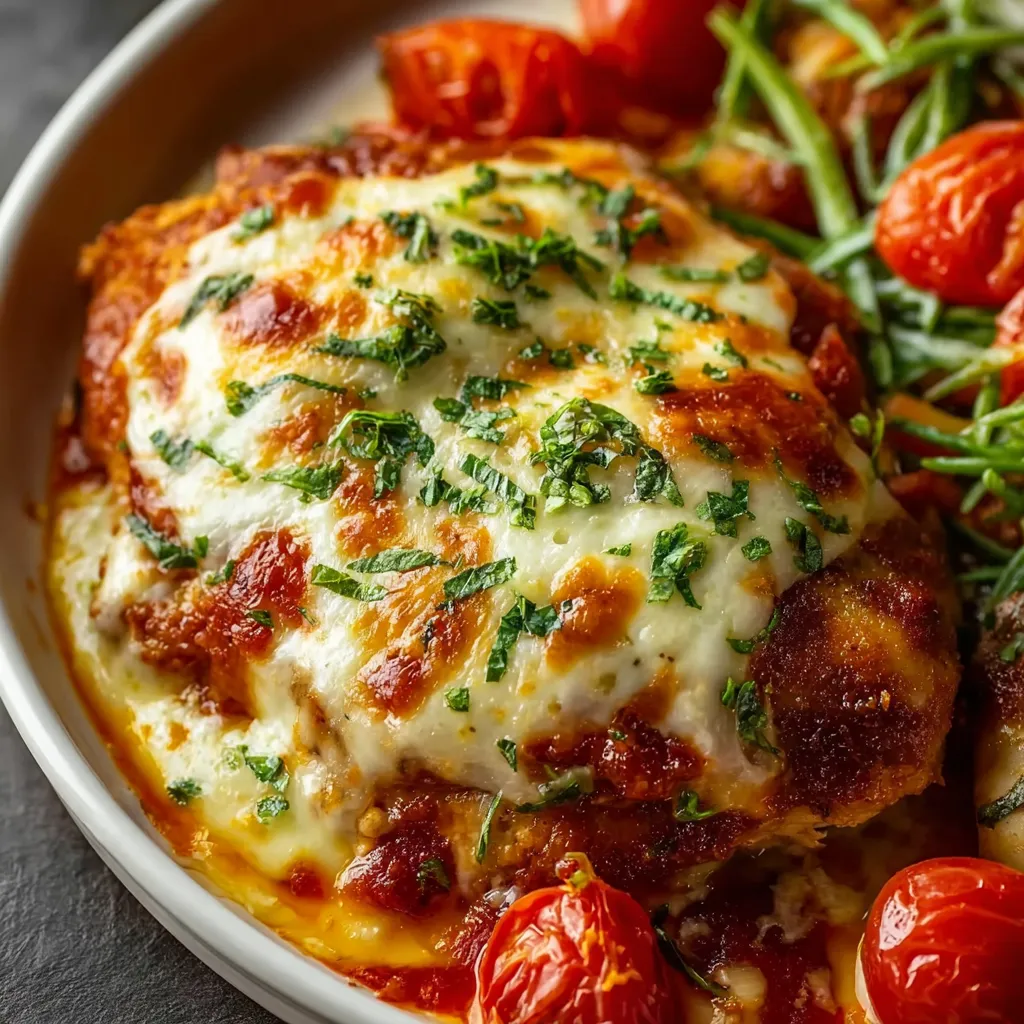 A close-up view of a freshly baked Chicken Mozzarella Bake shows golden brown chicken and melted mozzarella cheese.