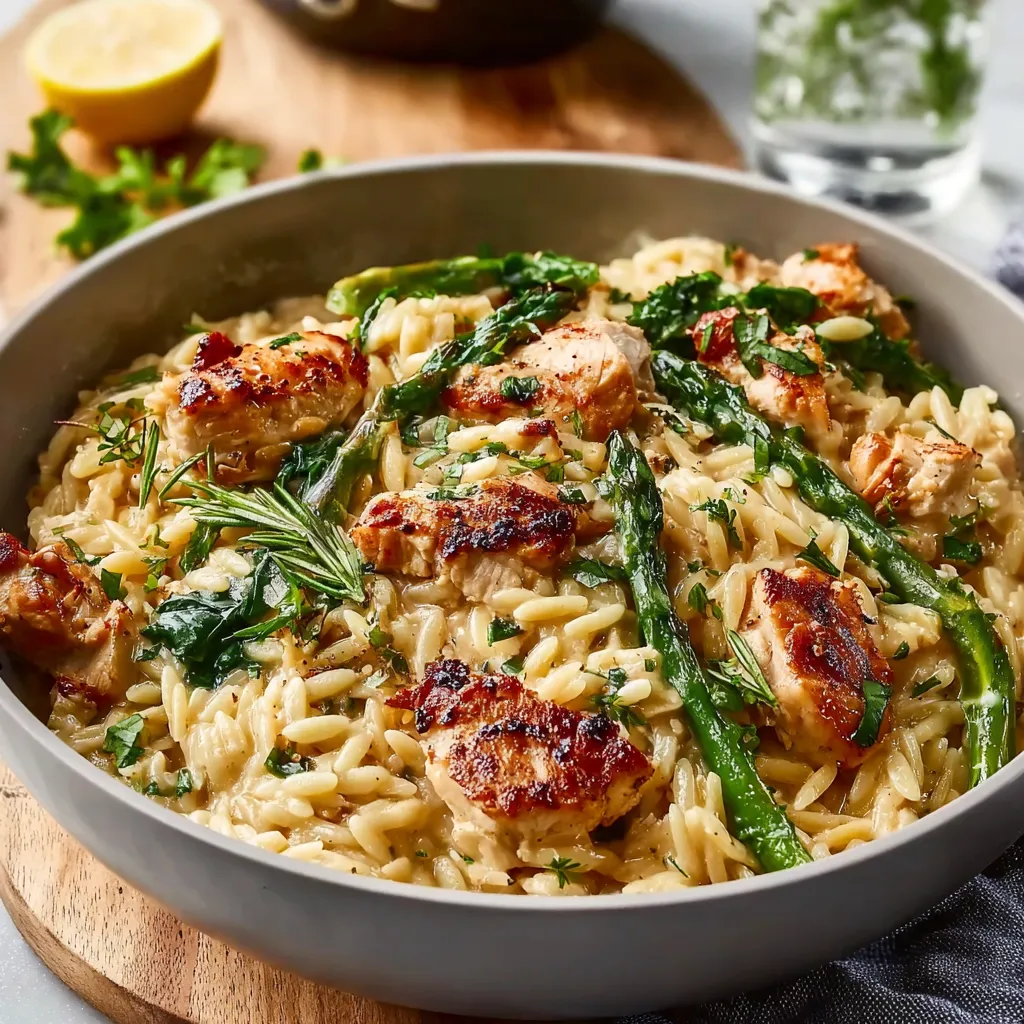 Close-up view of delicious Chicken Orzo pasta dish ready to be served as part of an article.