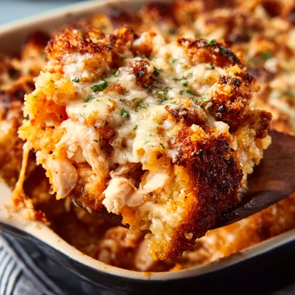 A close-up shot showcasing the bubbly, cheesy top of the freshly baked Chicken Parmesan Casserole.