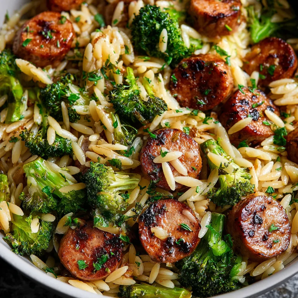 A close-up view showcases a vibrant plate of Chicken Sausage Broccoli Orzo, highlighting the textures and colors of the dish.