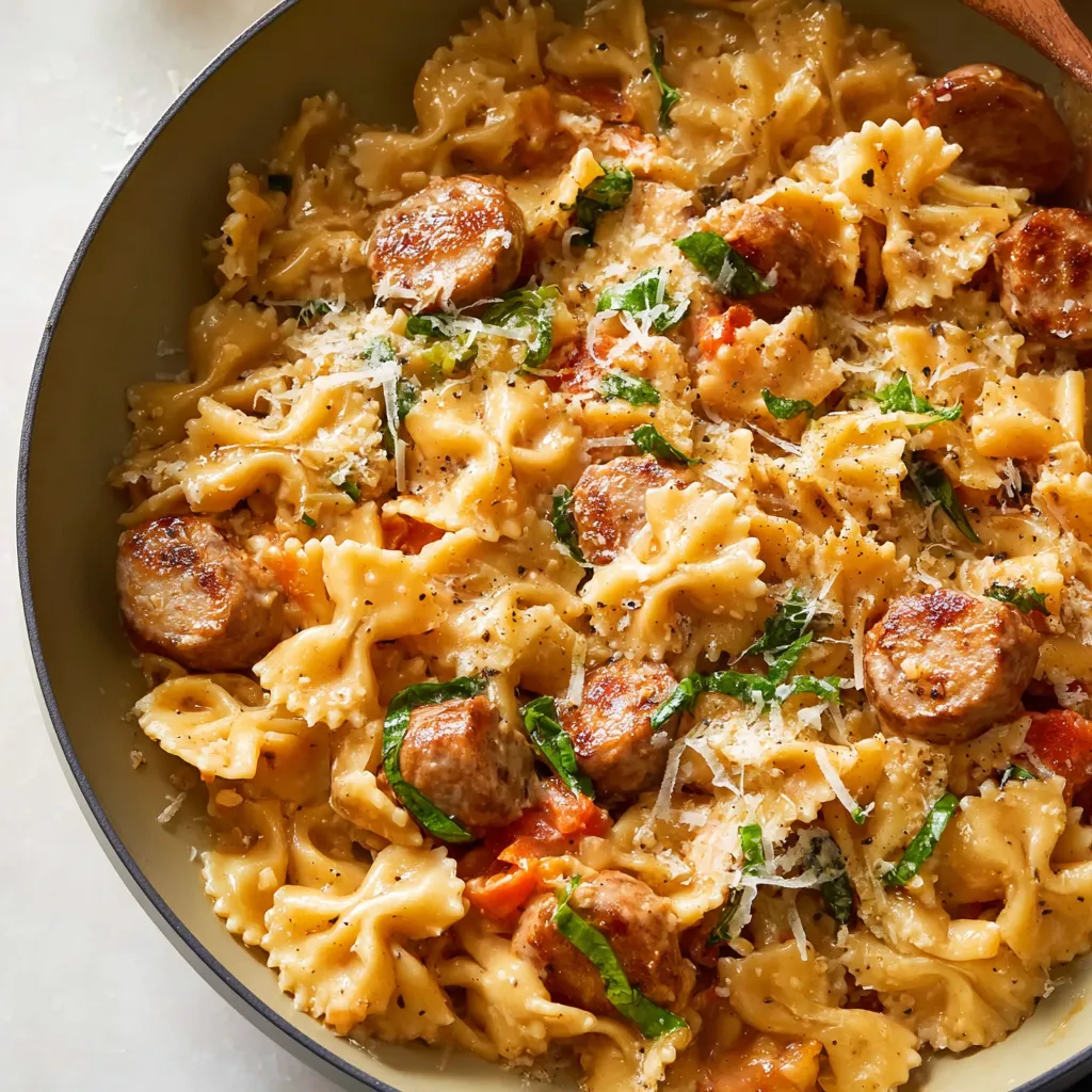 Close-up of a colorful plate of Chicken Sausage Pasta, showcasing the tender pasta, browned sausage, and vibrant vegetables.