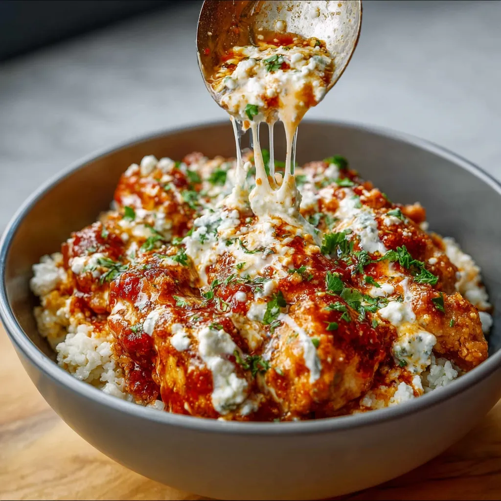 Close-up view of a delicious Cottage Cheese Chicken Parm Bowl, showcasing the melted cheese and seasoned chicken.