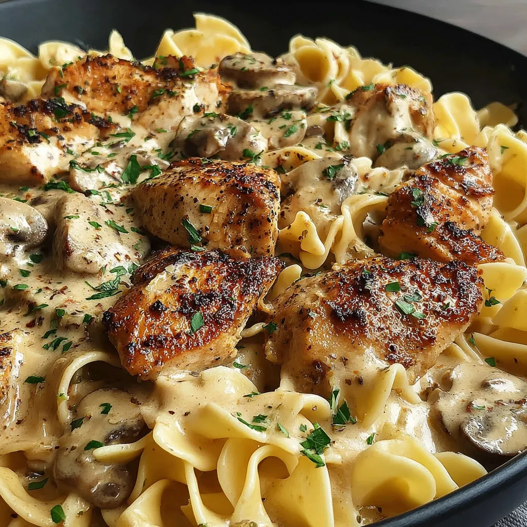 Close-up shot showcasing a delicious plate of Creamy Garlic Butter Chicken with Egg Noodles, highlighting the creamy sauce and tender chicken.