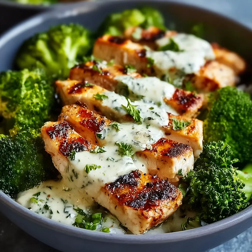 Creamy Grilled Chicken Broccoli Bowls displayed in a colorful bowl, showcasing the creamy sauce and grilled chicken.