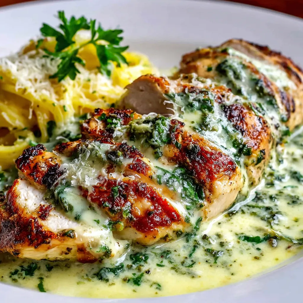 Creamy Pesto Chicken served as a delicious main course is pictured in this recipe article.