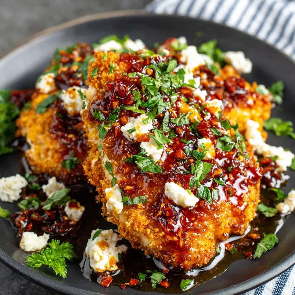 Close-up shot of golden-brown Feta Chicken With Hot Honey drizzled with hot honey, showcasing its crispy skin and feta cheese topping.