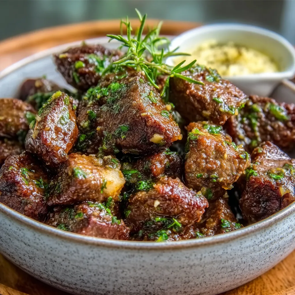 Close-up of juicy Garlic Butter Beef Bites glistening with butter and herbs, showcasing their delicious texture.